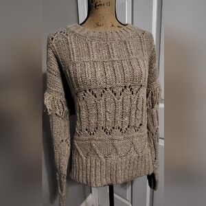 Womens Large Old Navy Tan Brown Sweater Fringe Pullover Crewneck Western Boho